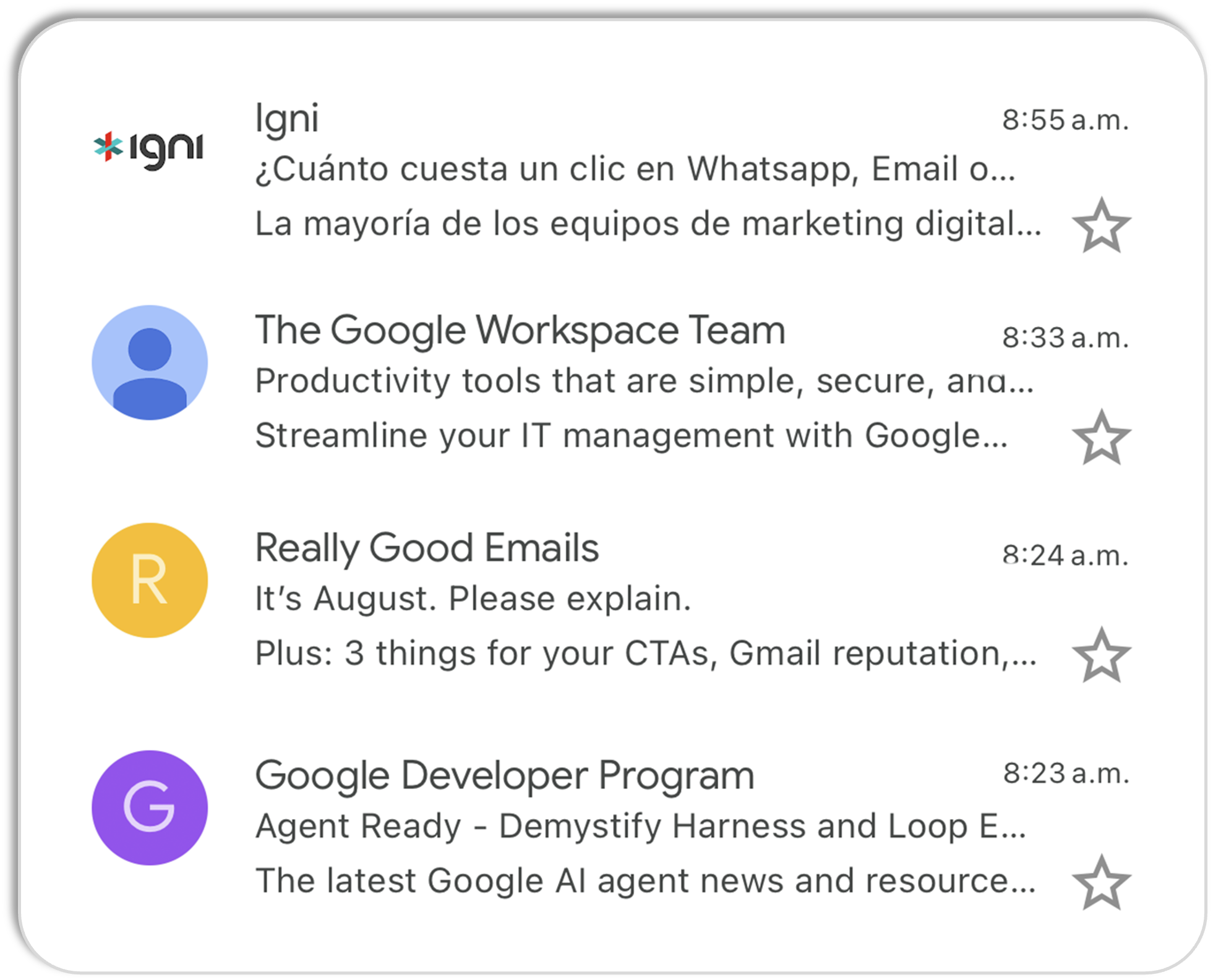 Bandeja de entrada de Gmail con cuatro remitentes. Solo Igni muestra su logo junto al nombre, gracias a BIMI. Los otros tres, The Google Workspace Team, Really Good Emails y MMA SmartBrief, aparecen con el avatar genérico de inicial de color que Gmail asigna por defecto.