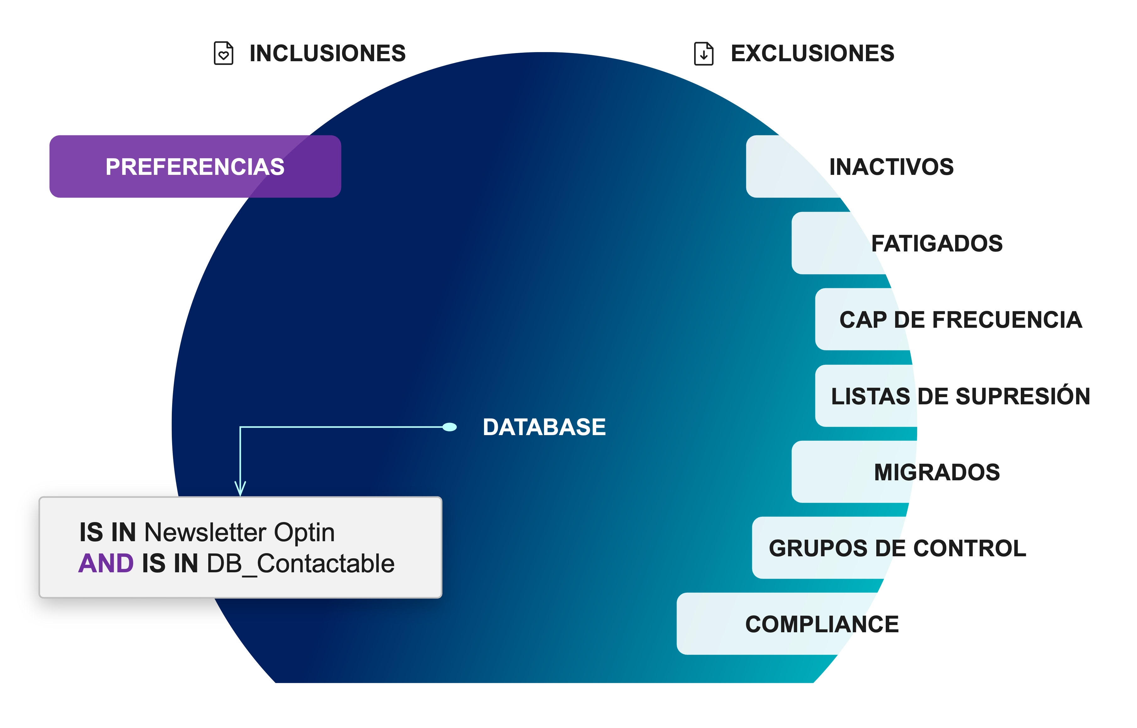 Diagrama de la base de datos con inclusiones y exclusiones. Las inclusiones salen de las preferencias del usuario. Las exclusiones son inactivos, fatigados, cap de frecuencia, listas de supresión, migrados, grupos de control y compliance. Un newsletter se envía a quien está suscrito al newsletter y además pertenece a la base contactable.